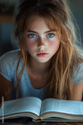 Young woman studying intently with a book in a quiet classroom during the aft...