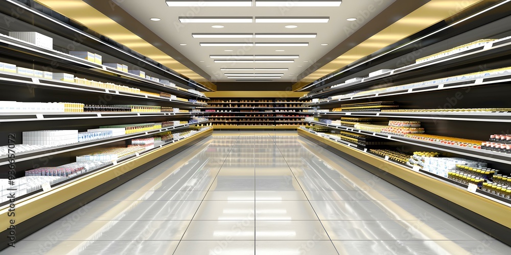 Obraz premium Empty Grocery Store Aisle with Shelves Full of Products