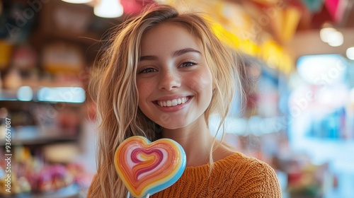 Young woman smiling with a heart-shaped lollipop at a carnival during twilight