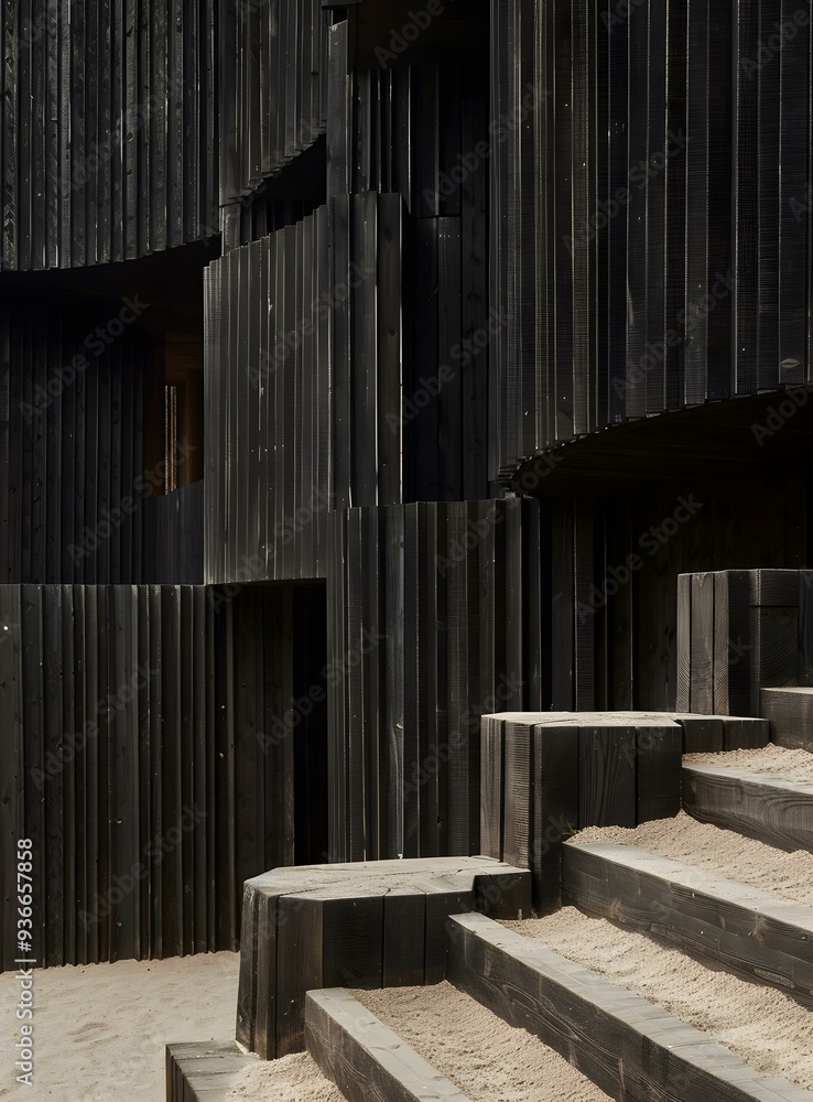 Black Wooden Building With Steps and Sand Black Wooden Building With Steps and Sand