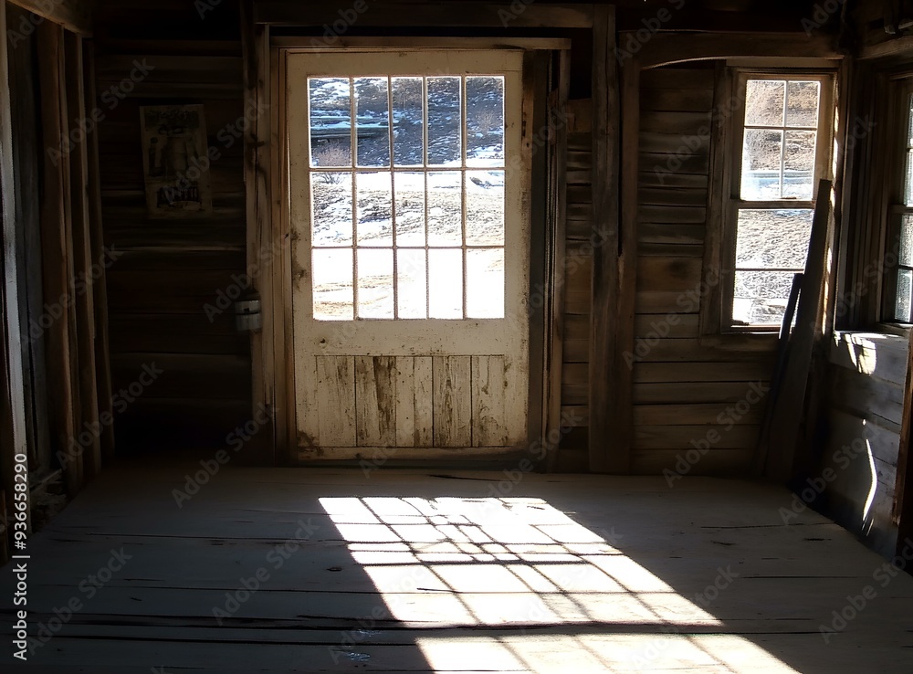 Obraz premium Sunlight Streaming Through an Old Wooden Door in an Abandoned Building
