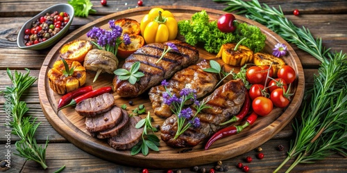 Wallpaper Mural Savory grilled meats, perfectly charred and juicy, are artfully arranged on a rustic wooden platter, surrounded by fresh herbs and vibrant summer flowers. Torontodigital.ca