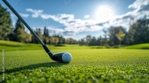 Lush golf course landscape under a blue sky with fluffy clouds and vibrant gr...