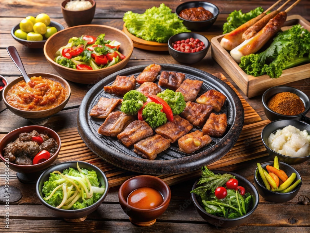 Savory Korean BBQ setup featuring marinated pork belly bulgogi, sizzling on briquettes, accompanied by an array of side dishes, fresh lettuce, and bold seasonings. Savory Korean BBQ setup featuring marinated pork belly bulgogi, sizzling on briquettes, accompanied by an array of side dishes, fresh lettuce, and bold seasonings.