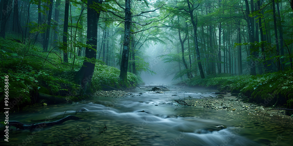 Obraz premium Foggy forest in cloudy weather