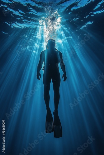 Diver exploring underwater rays of light in a clear ocean