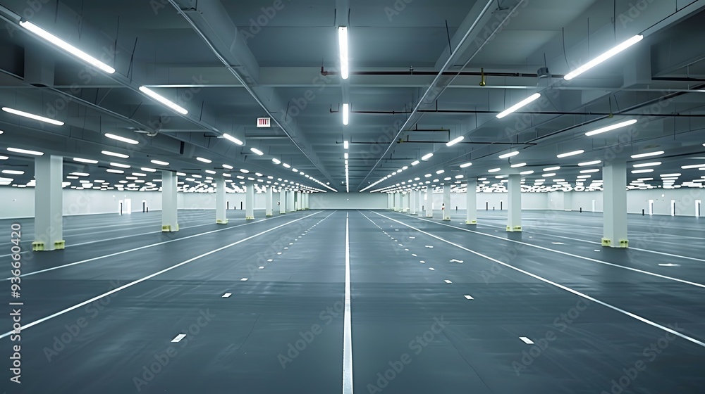 Fototapeta premium Empty Parking Garage with White Lines and Fluorescent Lights