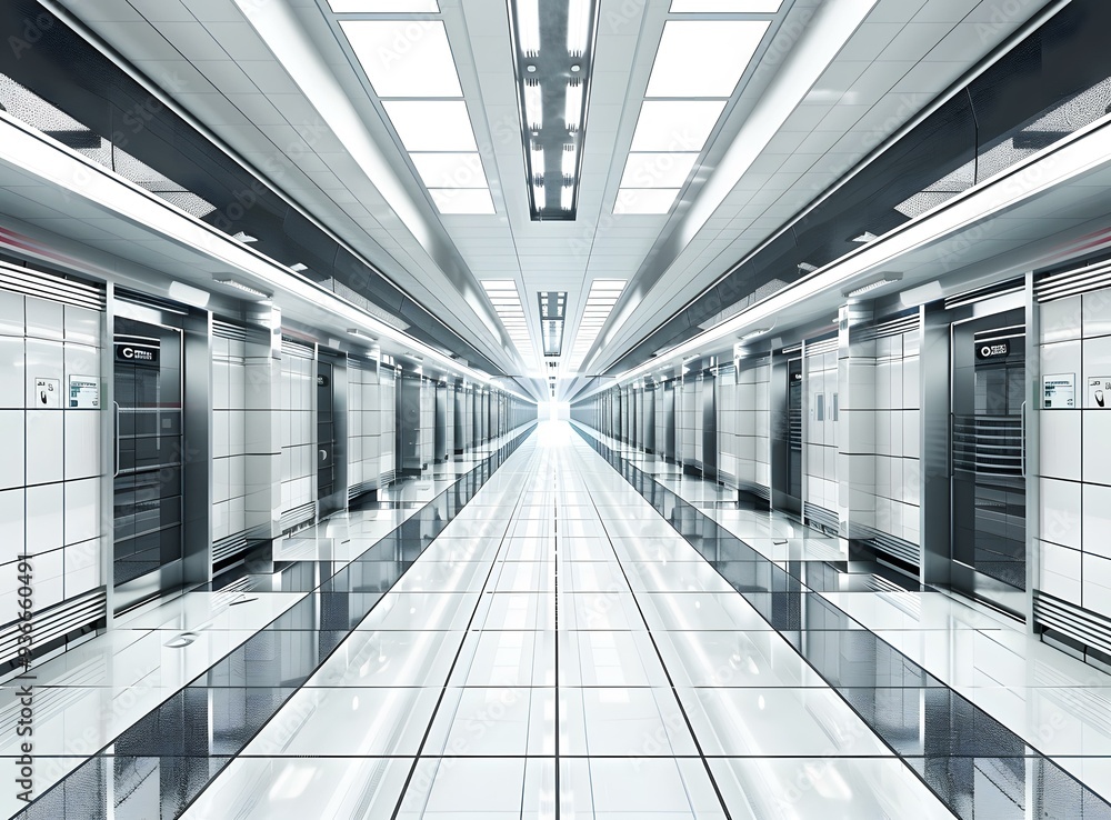 Fototapeta premium Futuristic White Corridor With Doors on Both Sides