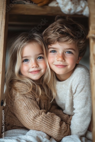 Happy siblings sitting on a cozy bed in a bright room with teddy bears