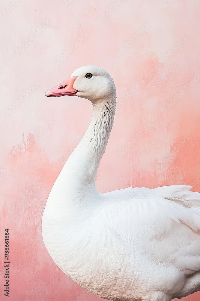 Fototapeta premium Elegant White Goose Against a Soft Pink Background - Minimalist Animal Portrait for Nature and Wildlife Enthusiasts