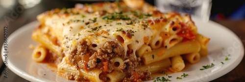 Close-up of a baked pasta dish featuring seasoned ground lamb, grated cheese, and tomatoes, topped with b�chamel sauce and melted cheese, served on a white plate. photo