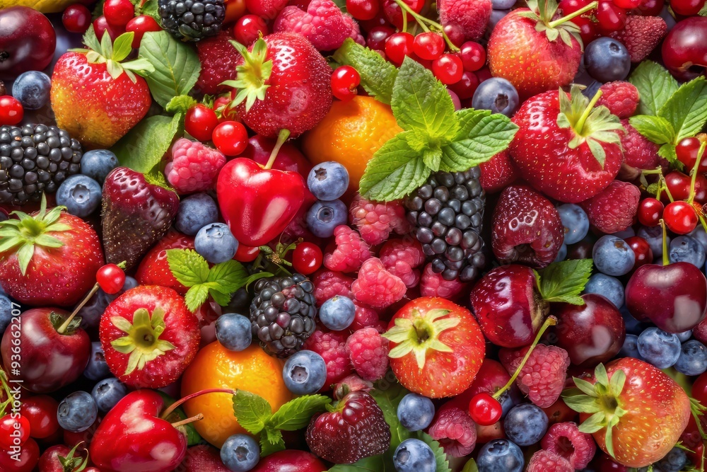 Obraz premium A symphony of summer's sweet sounds, ripe with refreshing berry tones and a medley of juicy fruits, a harmonious fusion of flavors and colors.