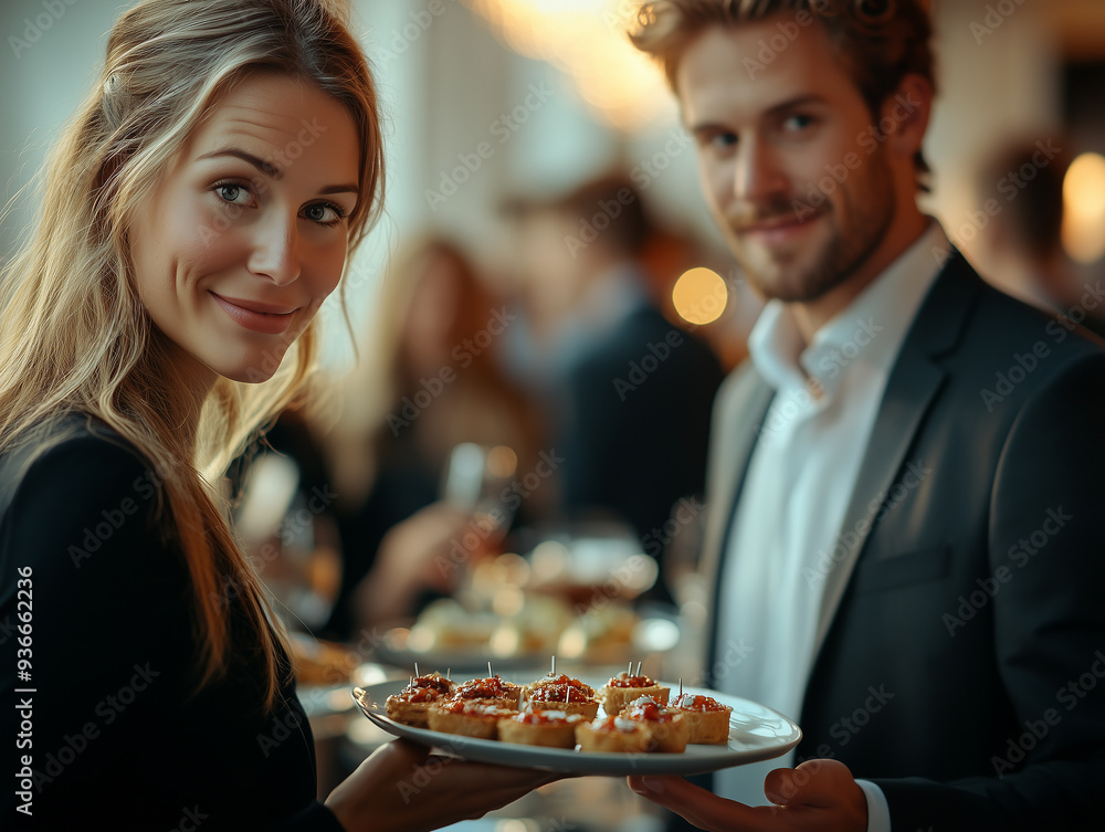 Elegant evening gathering featuring a couple serving gourmet appetizers at a sophisticated cocktail party in a stylish venue Elegant evening gathering featuring a couple serving gourmet appetizers at a sophisticated cocktail party in a stylish venue