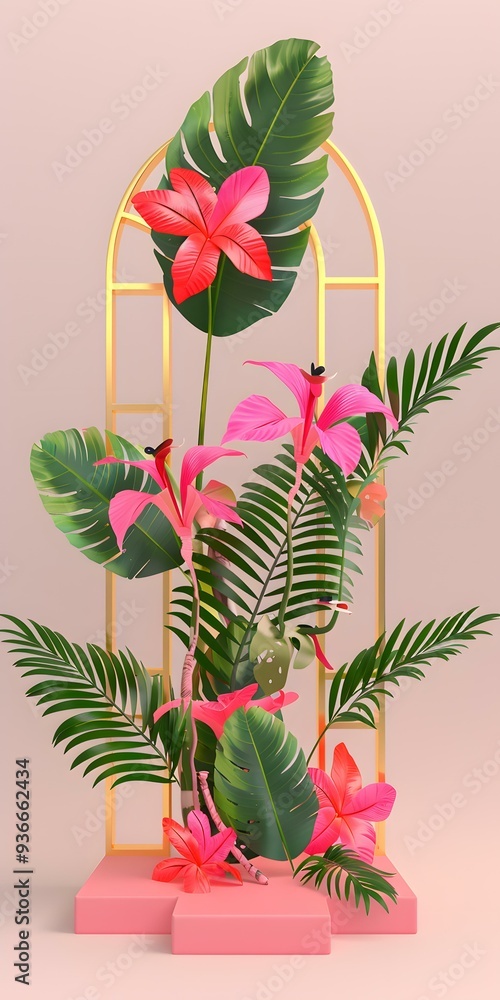 Obraz premium Tropical Floral Arrangement with Golden Frame and Pink Background