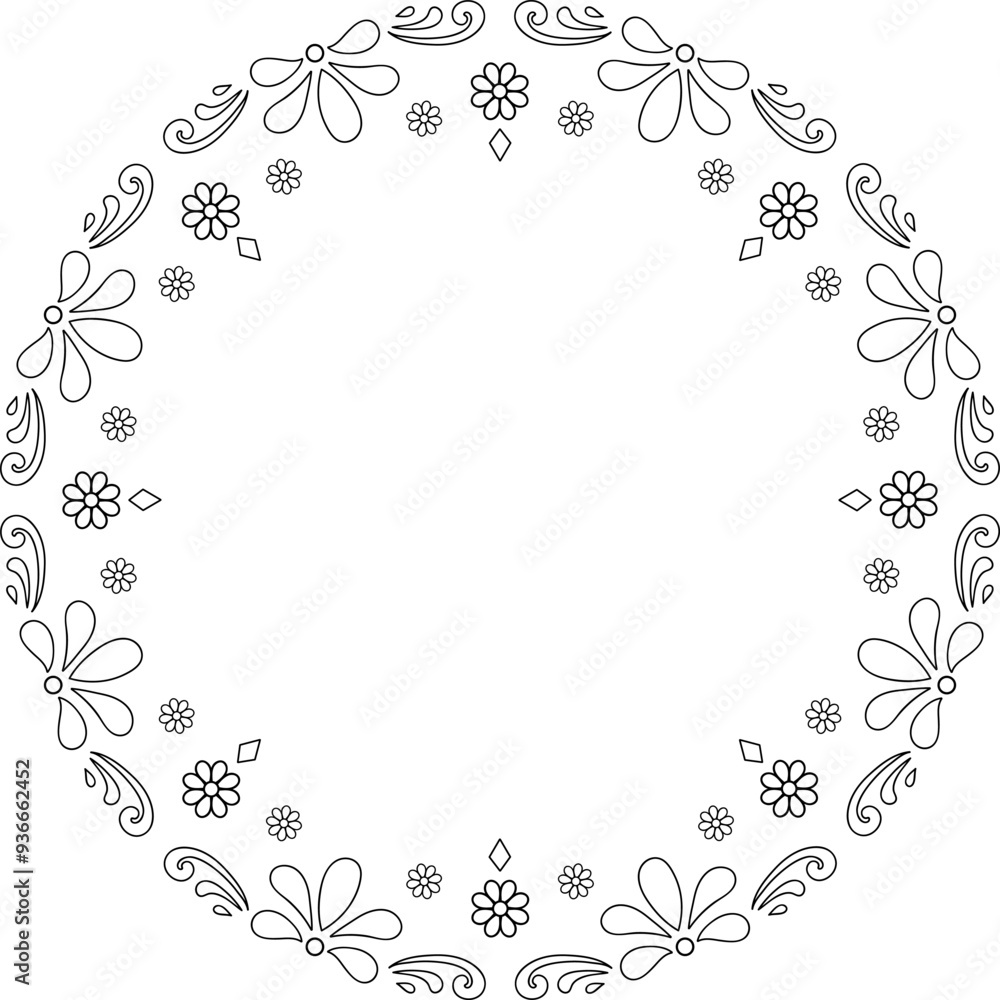 Black linear flower motifs in round ornament frame. Isolated frame border. Copy space blossomy lace Black linear flower motifs in round ornament frame. Isolated frame border. Copy space blossomy lace