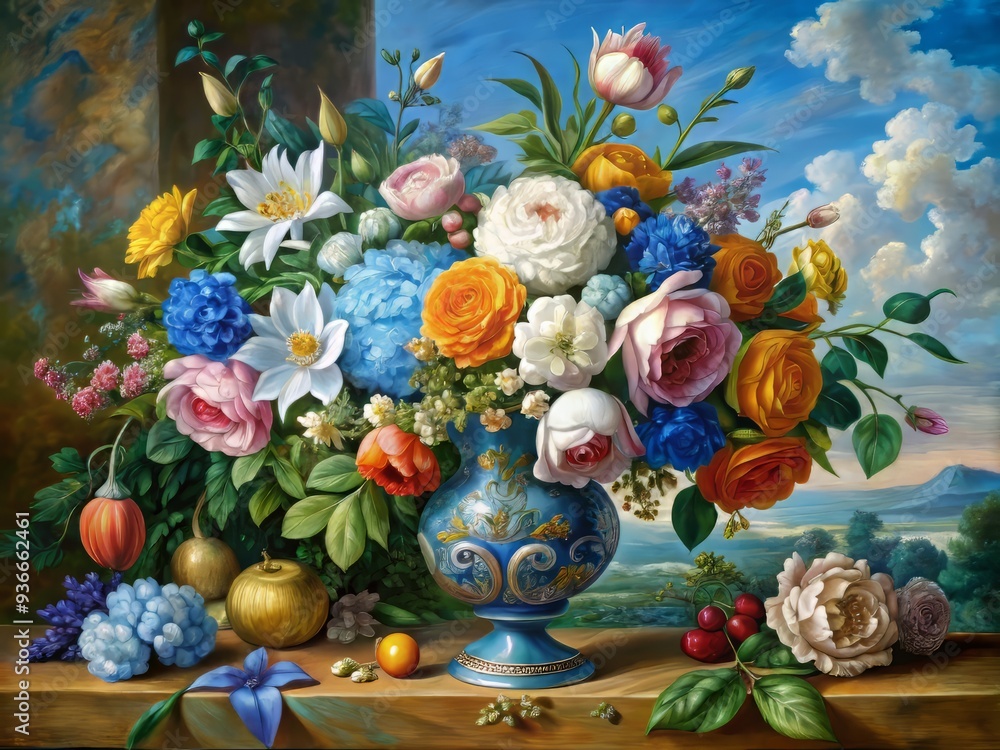 A tranquil and opulent Azure Bloomscape Renaissance features a lush bouquet of flowers in a delicate vase, capturing the elegance of another era. A tranquil and opulent Azure Bloomscape Renaissance features a lush bouquet of flowers in a delicate vase, capturing the elegance of another era.