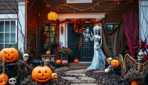 A spooky Halloween scene with pumpkins, skeletons, and a ghostly bride outside a home. photo