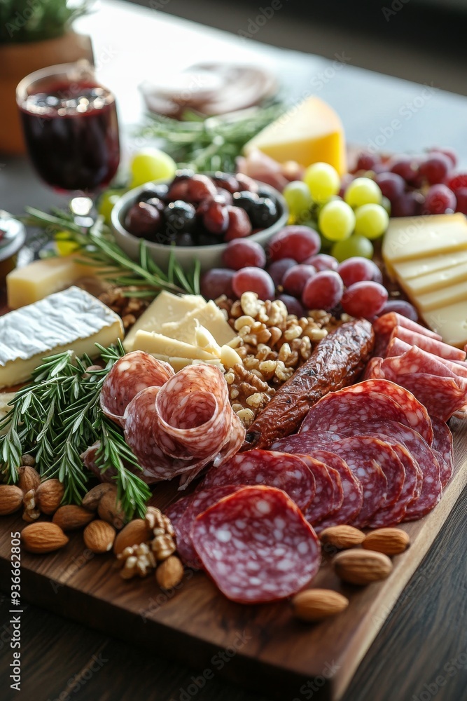 Charcuterie board featuring assorted meats, cheeses, nuts, and crackers on a wooden table Charcuterie board featuring assorted meats, cheeses, nuts, and crackers on a wooden table