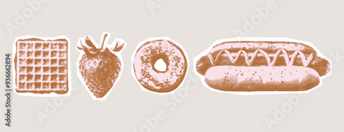 Collage colored vintage kit. Strawberry, hot dog, donut, waffle. Retro scrapbooking style with cutout surreal element. Contemporary stickers with photocopy dotted effect.