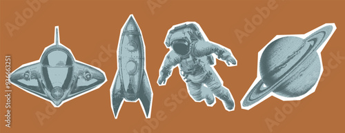 Rocket, planet, spaceship. Halftone collage cutout elements in a bitmap style. Contemporary pop art dotted stickers.