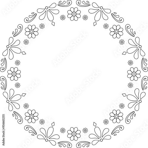 Tableau sur toile Black linear flowers and round ornament frame