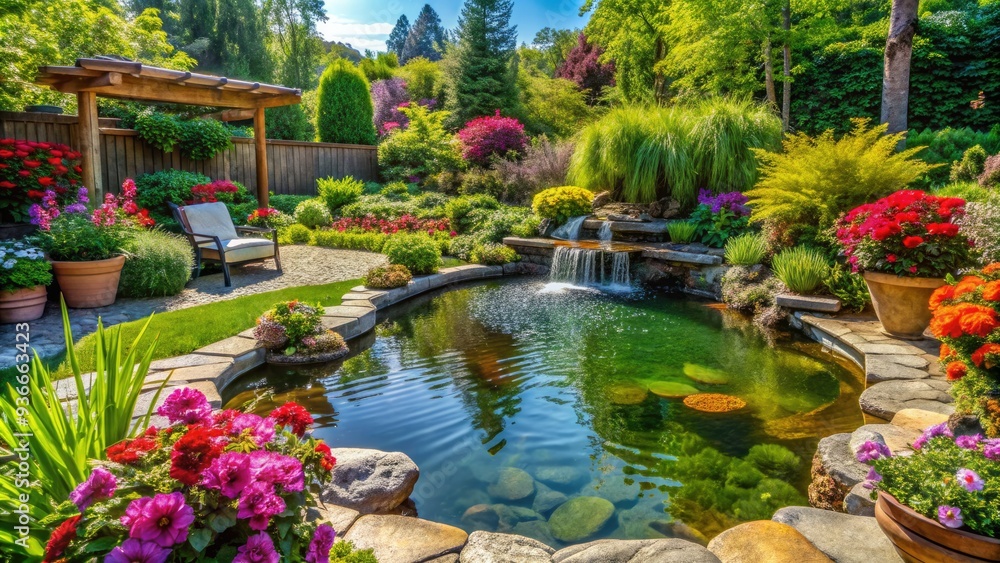Serene backyard oasis features lush greenery, vibrant flowers, and a tranquil water feature, perfect for relaxation and outdoor entertainment on a warm sunny day. Serene backyard oasis features lush greenery, vibrant flowers, and a tranquil water feature, perfect for relaxation and outdoor entertainment on a warm sunny day.
