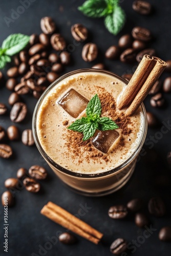 Iced coffee with cinnamon and cocoa on a dark surface surrounded by coffee beans