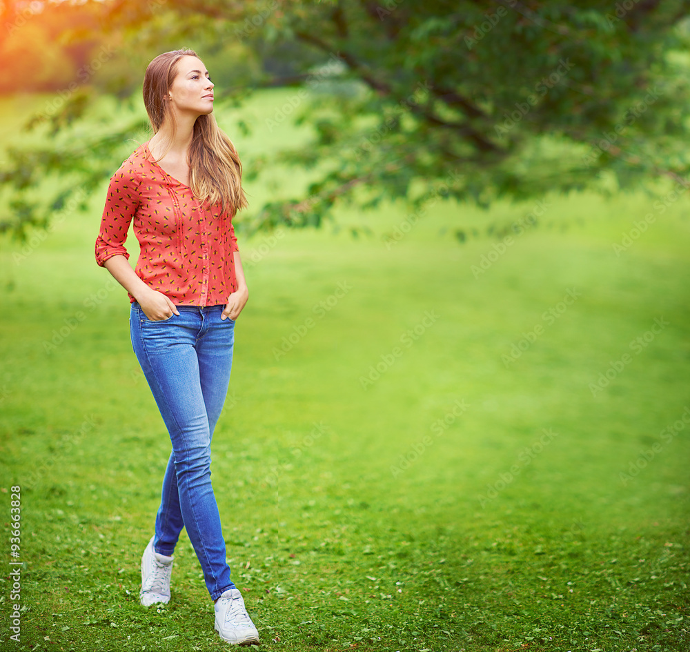 Woman, thinking and walking in outdoor nature, holiday countryside and pondering in garden. Female person, daydreaming and relax in park for contemplating, vacation and travel for reflection on trip Woman, thinking and walking in outdoor nature, holiday countryside and pondering in garden. Female person, daydreaming and relax in park for contemplating, vacation and travel for reflection on trip