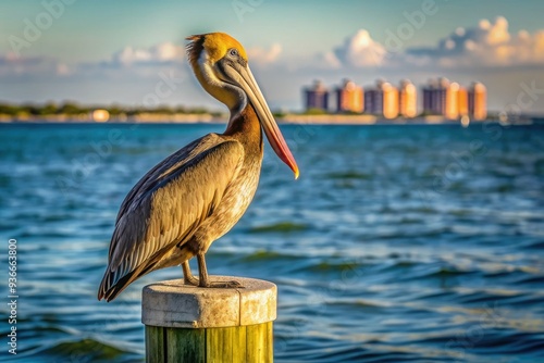 Serene brown pelican perches alone on weathered dock post, gazing right, against calm intercoastal bay backdrop with subtle waves and distant bird silhouettes in St. Pete Beach.