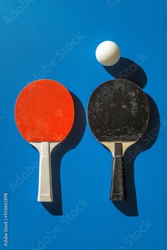 Two table tennis paddles with a ping pong ball on a blue background