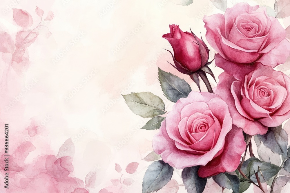 Elegant Watercolor Painting of Pink Roses with Soft Background and Green Leaves Elegant Watercolor Painting of Pink Roses with Soft Background and Green Leaves