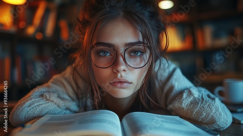 Young woman studying intently in a cozy library during the afternoon