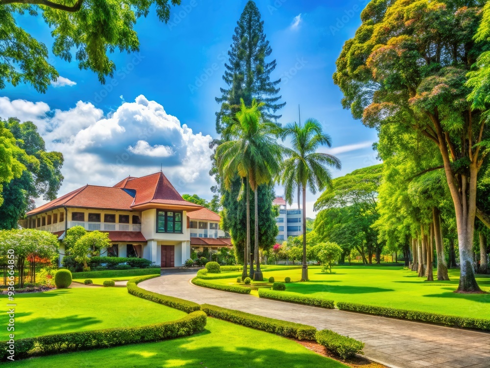 Serene campus scenery in Cikampek, Indonesia, featuring majestic trees with lush green foliage standing tall in the front yard on a sunny day. Serene campus scenery in Cikampek, Indonesia, featuring majestic trees with lush green foliage standing tall in the front yard on a sunny day.