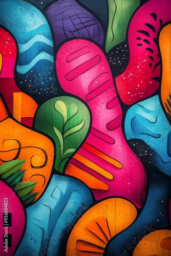 Colorful abstract mural with swirling shapes in an urban outdoor space