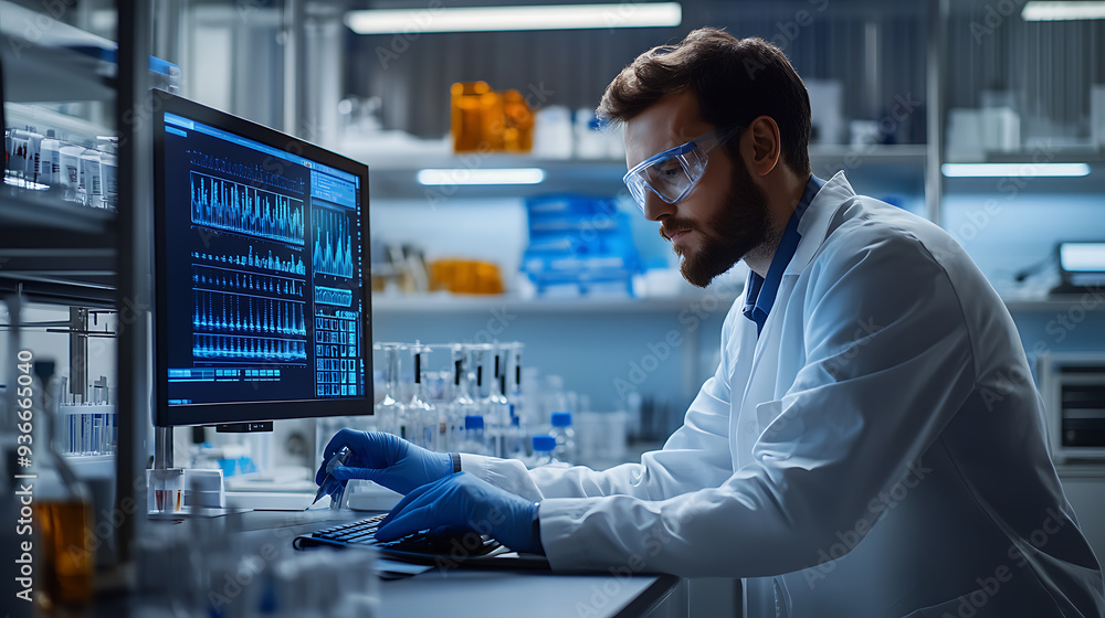 Scientist Analyzing Data on Computer in Modern Laboratory Scientist Analyzing Data on Computer in Modern Laboratory