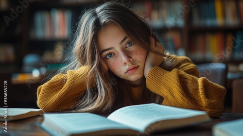 Young woman with long hair resting her head on hands while studying in a cozy...