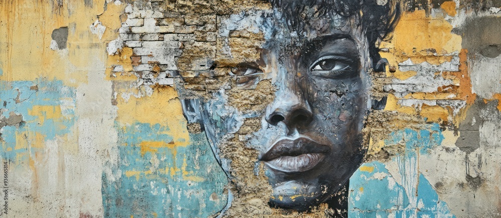 A Graffiti Mural of a Woman's Face Partially Covered by a Cracked Wall A Graffiti Mural of a Woman's Face Partially Covered by a Cracked Wall