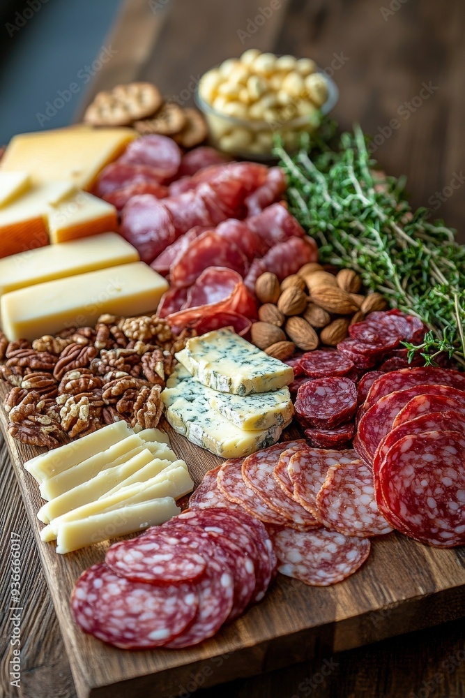 Charcuterie board featuring assorted meats, cheeses, nuts, and crackers on a wooden table Charcuterie board featuring assorted meats, cheeses, nuts, and crackers on a wooden table
