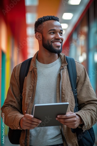 Student in orange jacket using a tablet in a school hallway during daytime