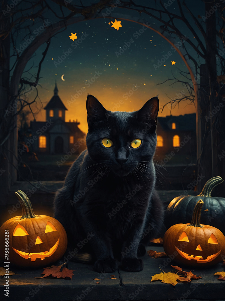 An aesthetic illustration of a sleek black cat with glowing yellow eyes