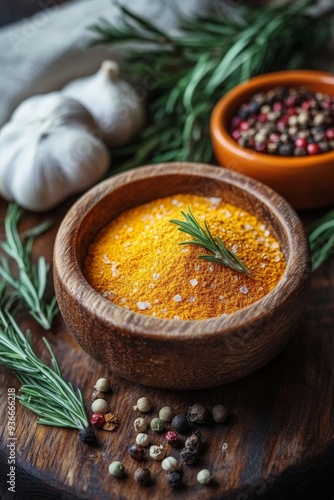 Fresh garlic and vibrant spices arranged in rustic bowls on a wooden surface