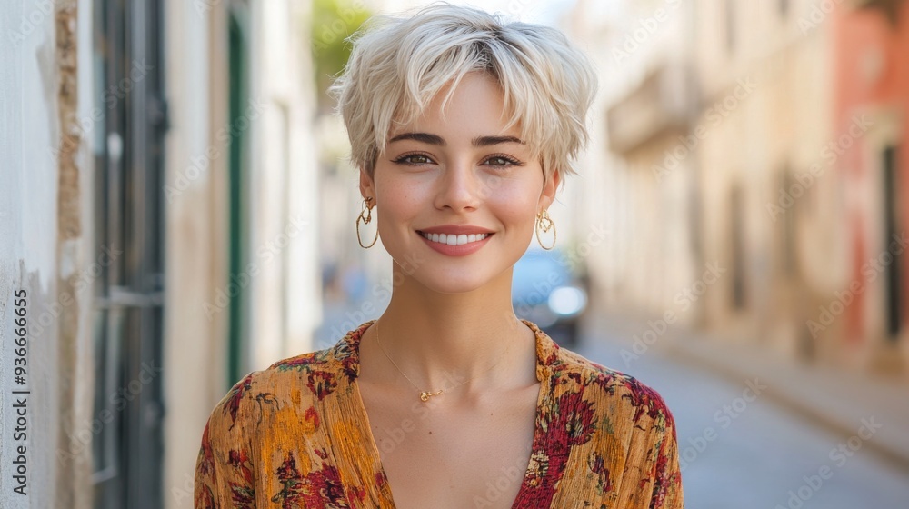 Young woman with short hair smiles brightly on a sunny street in the afternoon Young woman with short hair smiles brightly on a sunny street in the afternoon
