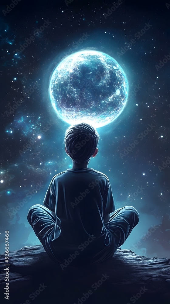 Boy Sitting In Front Of A Giant Moon Boy Sitting In Front Of A Giant Moon