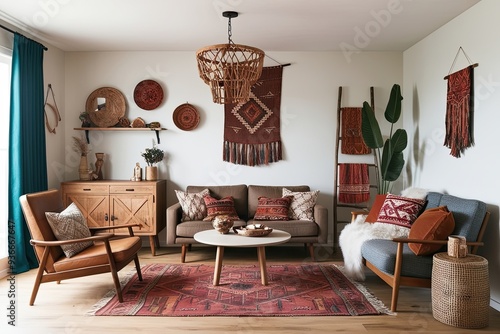 Wallpaper Mural Mockup Frame in Cozy Nomadic Boho Interior with Rustic Decor and Modern Furniture Torontodigital.ca