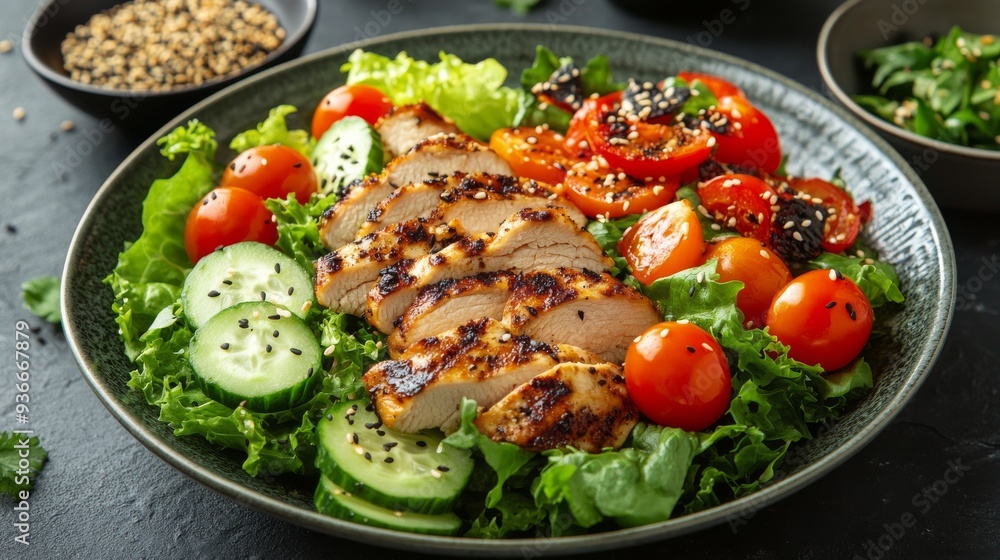 Grilled chicken salad with fresh vegetables and sesame seeds on a dark surface Grilled chicken salad with fresh vegetables and sesame seeds on a dark surface