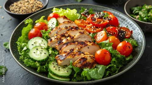 Grilled chicken salad with fresh vegetables and sesame seeds on a dark surface