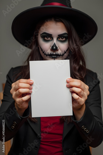 A woman in a Day of the Dead costume with skull makeup and a wide-brimmed black hat holds a blank white sign, perfect for custom Halloween messages or themed promotions.

