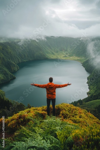 Hiker with outstretched arms overlooks a serene volcanic lake in a misty moun...