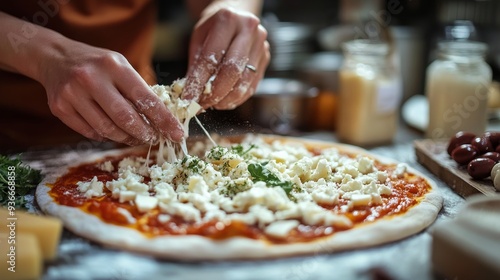 Preparing a fresh cheese pizza with herbs and tomato sauce at home in the kit...