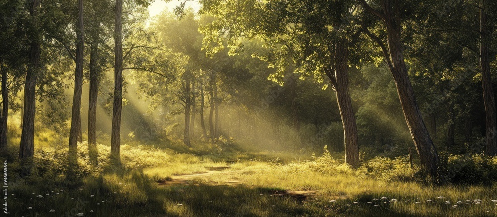 Obraz premium Sunbeams Through a Lush Forest Path